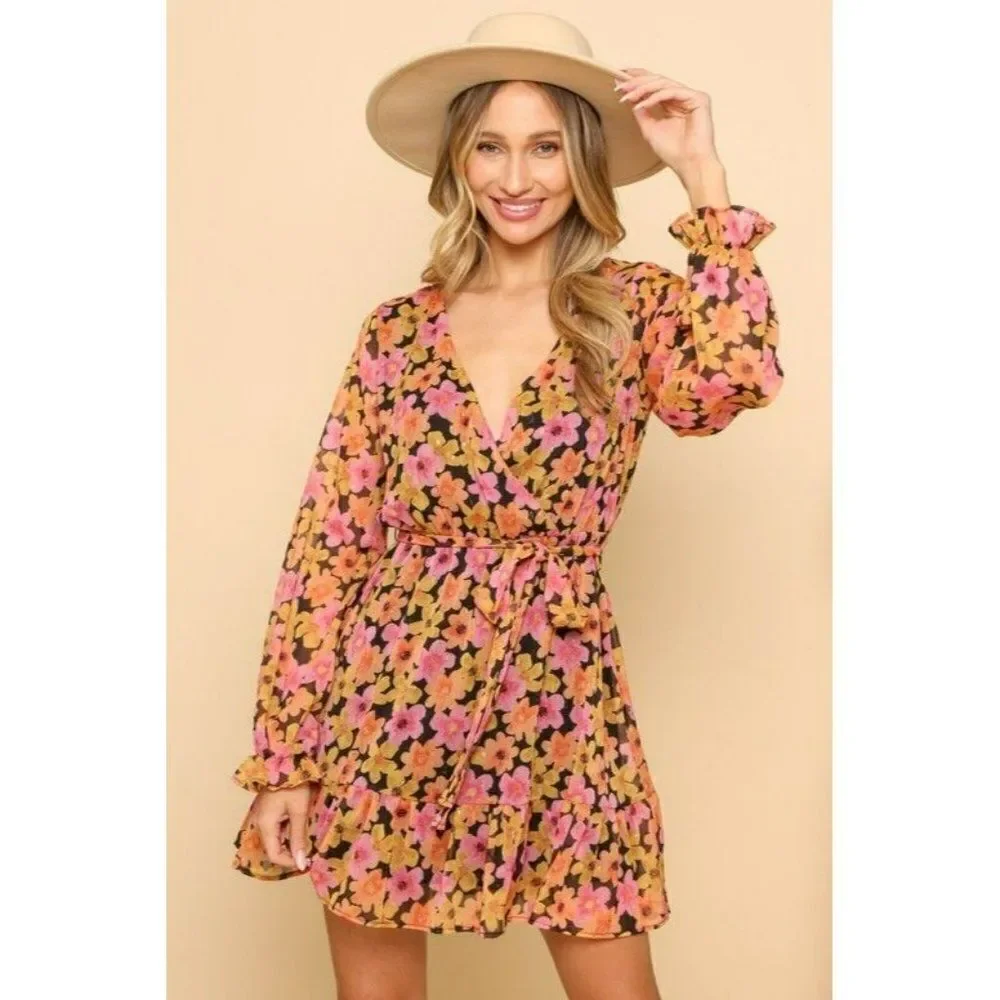 SALE! Peach Love Women Floral Fall Dress Babydoll Pink Orange Flowers D85620-01